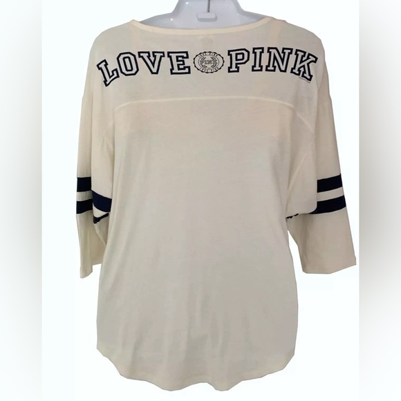 VS PINK cream & ivory 3/4 sleeve boyfriend jersey tee relaxed fit - Picture 2 of 3